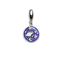 Silver charm with a blue enamel space design.