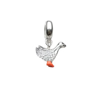 Silver goose charm with orange feet.