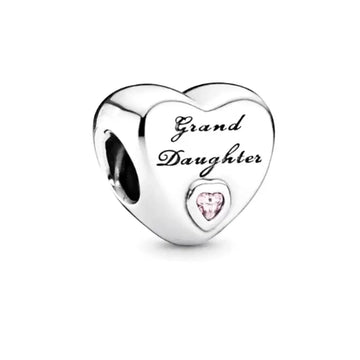 Sterling silver Granddaughter charm with pink heart crystal, designed to fit Pandora bracelets