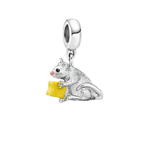 Silver mouse charm with yellow cheese.