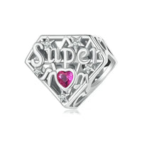 Silver ’Super Mom’ charm with pink heart.