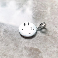 Round silver pendant with black accents.