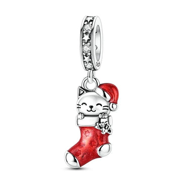 Christmas Cat Stocking Charm in 925 sterling silver, fits Pandora bracelets
