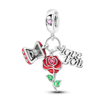 Red Rose I Love You Charm in 925 sterling silver, fits Pandora bracelets