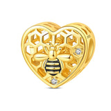 Gold Honeycomb Bee Heart Charm in 925 sterling silver, fits Pandora bracelets
