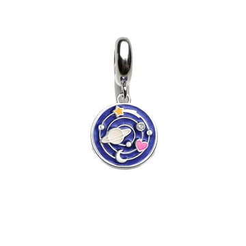 Silver charm with a blue enamel space design.
