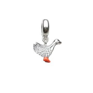 Silver goose charm with orange feet.