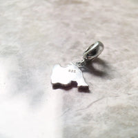 Silver map charm with a loop.