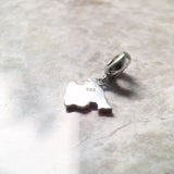 Silver map charm with a loop.