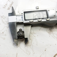 Silver turtle pendant being measured.
